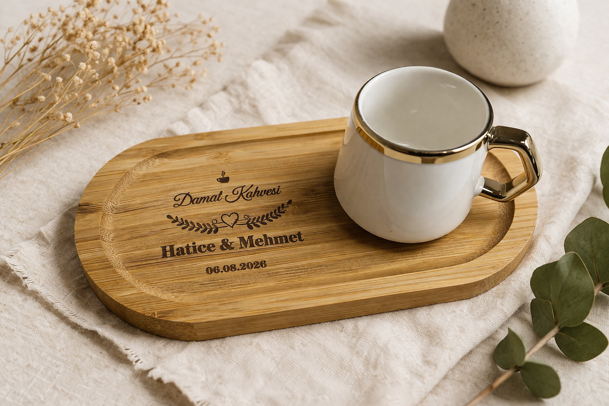 Personalisiertes Damat Kahvesi Tablett aus Bambus mit Gravur